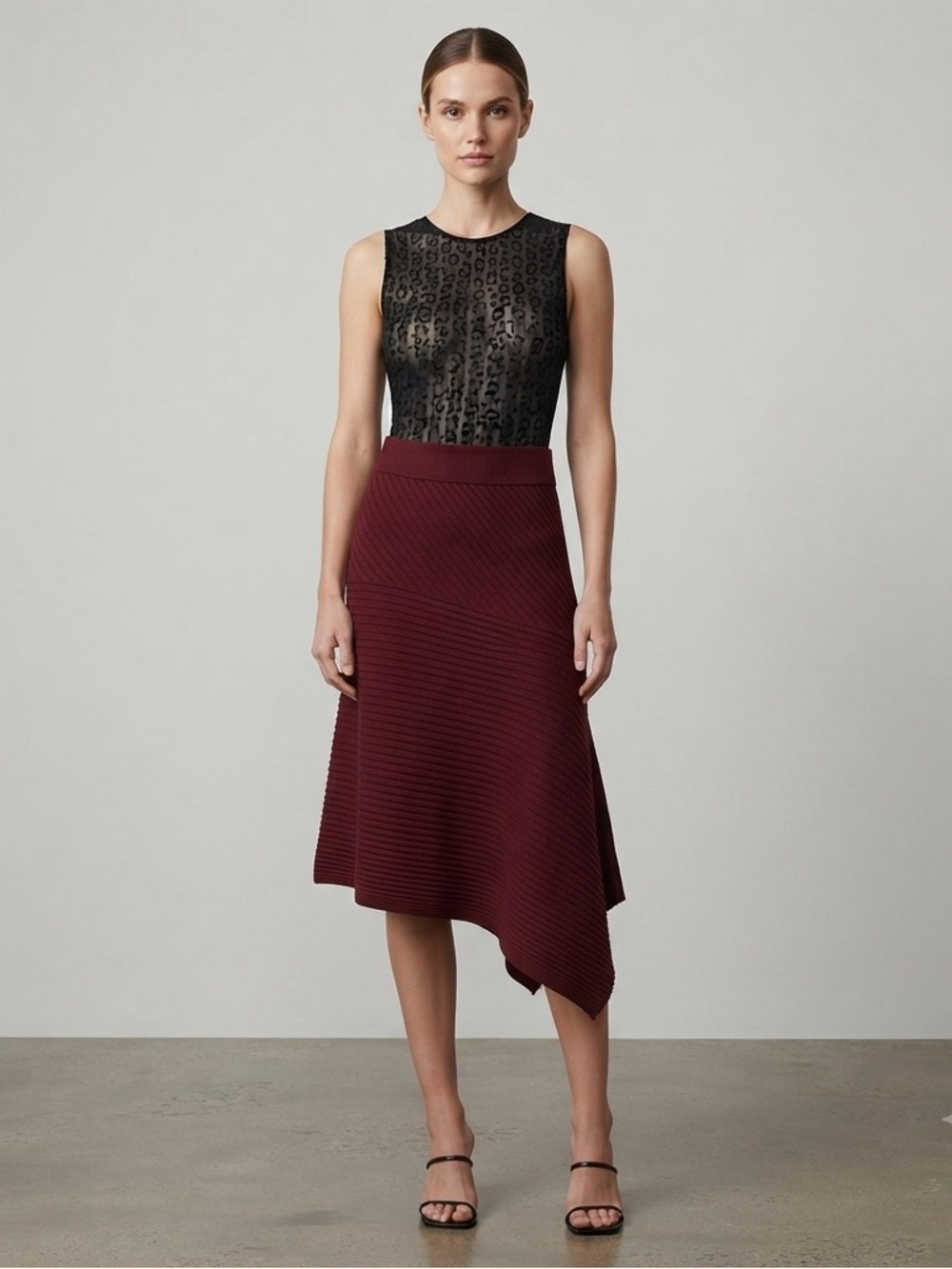 A.L.C. Burgundy Ribbed Knit Asymmetric Skirt Merino Wool Sample Sz S
